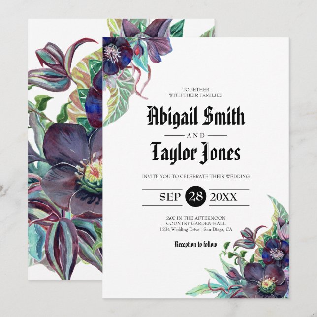 Invitación Boda gótico morado y verde romántico de la Cuaresm (Anverso / Reverso)