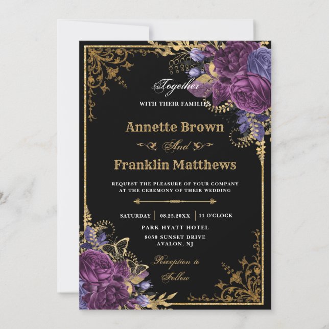 Invitación Boda Gótico Oscuro Morado Floral Ornate Gold (Anverso)