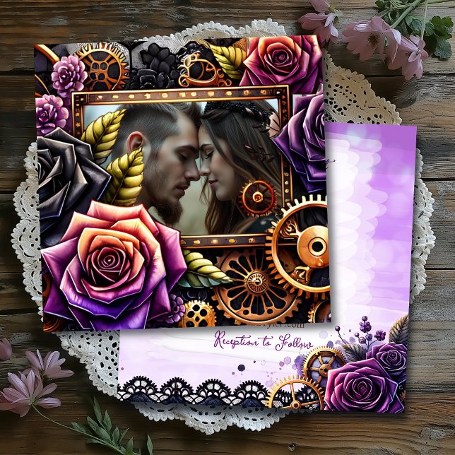 Invitación Boda gótico púrpura, negro y cobre de Steampunk (Subido por el creador)