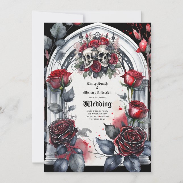 Invitación Boda gótico rojo Rosas negros Skulls Arch (Anverso)