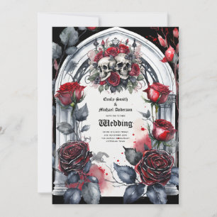 Invitación Boda gótico rojo Rosas negros Skulls Arch