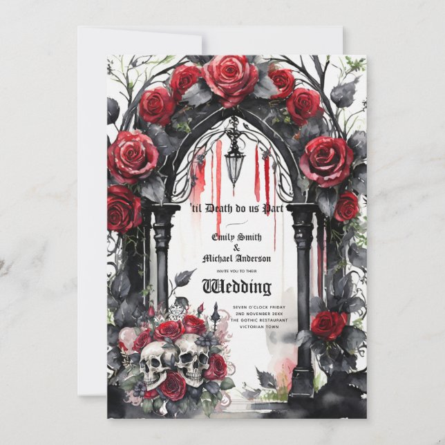 Invitación Boda gótico rojo Rosas negros Skulls Arch (Anverso)