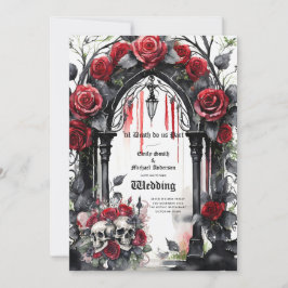 Invitación Boda gótico rojo Rosas negros Skulls Arch