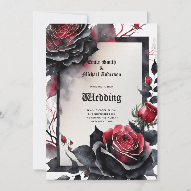 Invitación Boda gótico rojo Rosas negros Skulls Arch (Anverso)