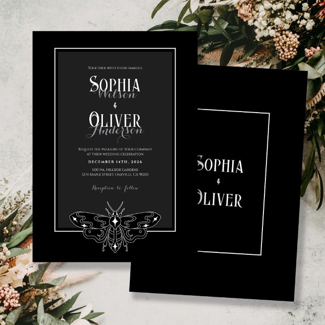 Invitación Boda Gótico Romántico de Mariposa Blanca y Negra (Subido por el creador)