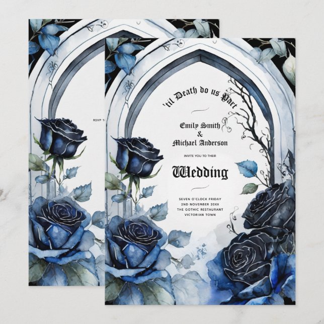 Invitación Boda gótico Rosas azul negro alternativo (Anverso / Reverso)