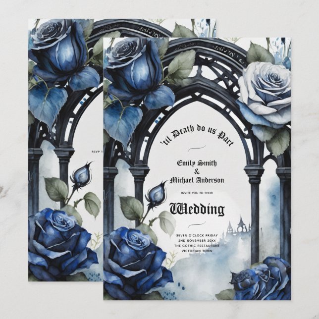 Invitación Boda gótico Rosas azul negro alternativo (Anverso / Reverso)