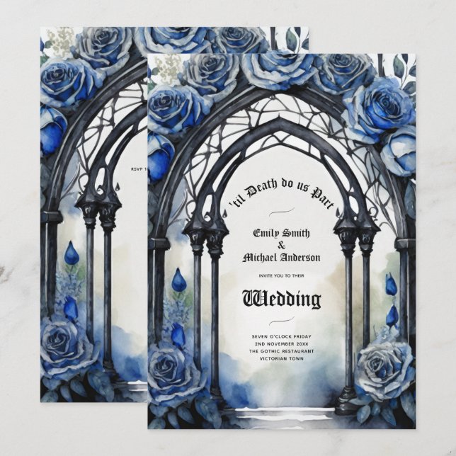 Invitación Boda gótico Rosas azul negro alternativo (Anverso / Reverso)