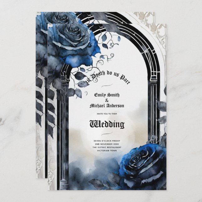 Invitación Boda gótico Rosas azul negro alternativo (Anverso / Reverso)