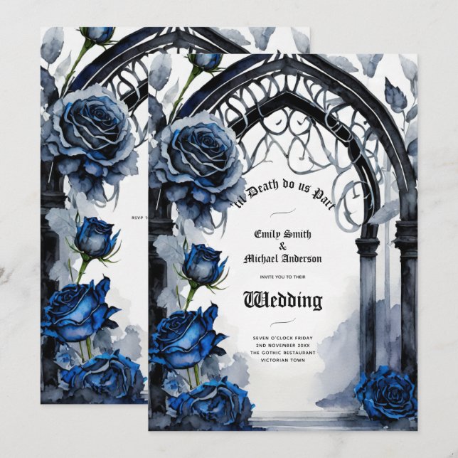 Invitación Boda gótico Rosas azul negro alternativo (Anverso / Reverso)