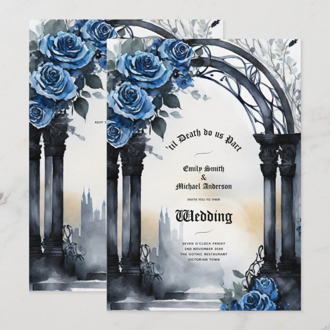 Invitación Boda gótico Rosas azul negro alternativo (Anverso / Reverso)
