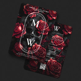 Invitación Boda gótico Rosas del cráneo Monograma Rojo negro