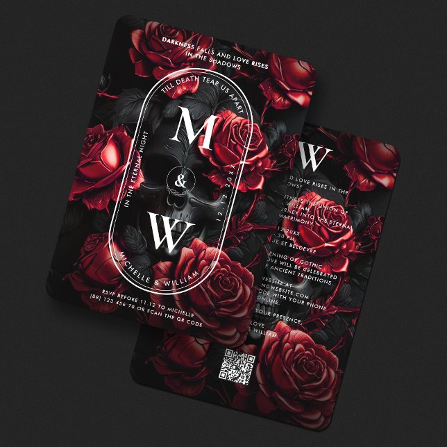 Invitación Boda gótico Rosas del cráneo Monograma Rojo negro (Gothic Wedding Skull Roses Monogram Black Red Invitation
)
