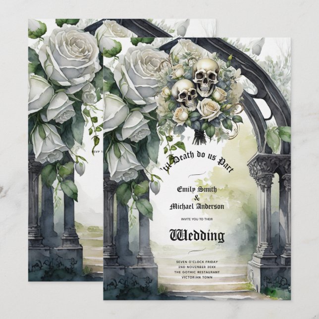 Invitación Boda gótico Roses blancos y negros Skulls Floral