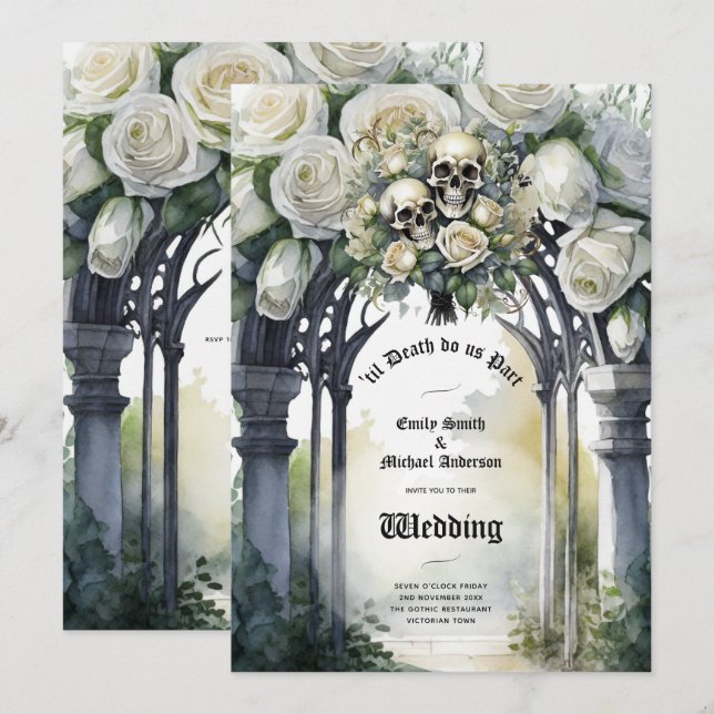 Invitación Boda gótico Roses blancos y negros Skulls Floral (Anverso / Reverso)