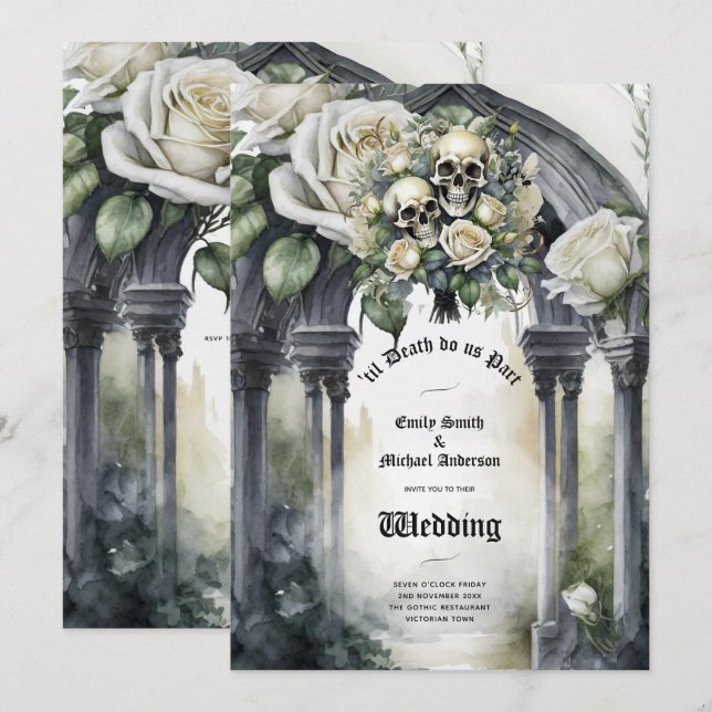 Invitación Boda gótico Roses blancos y negros Skulls Floral (Anverso / Reverso)