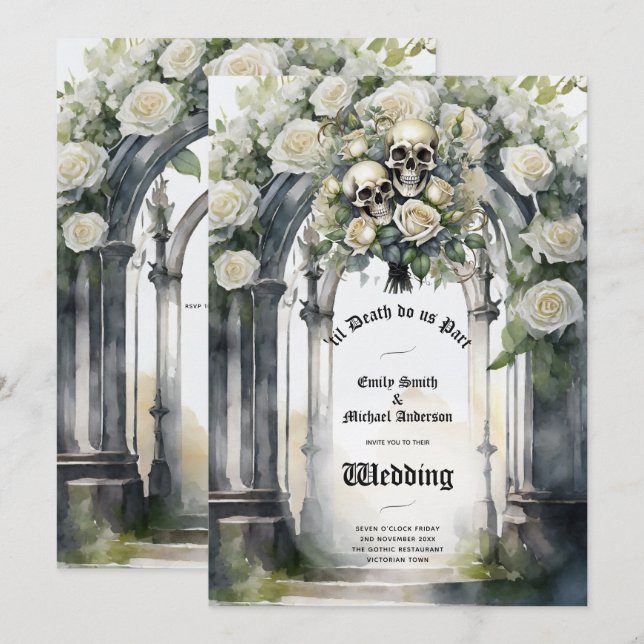 Invitación Boda gótico Roses blancos y negros Skulls Floral (Anverso / Reverso)