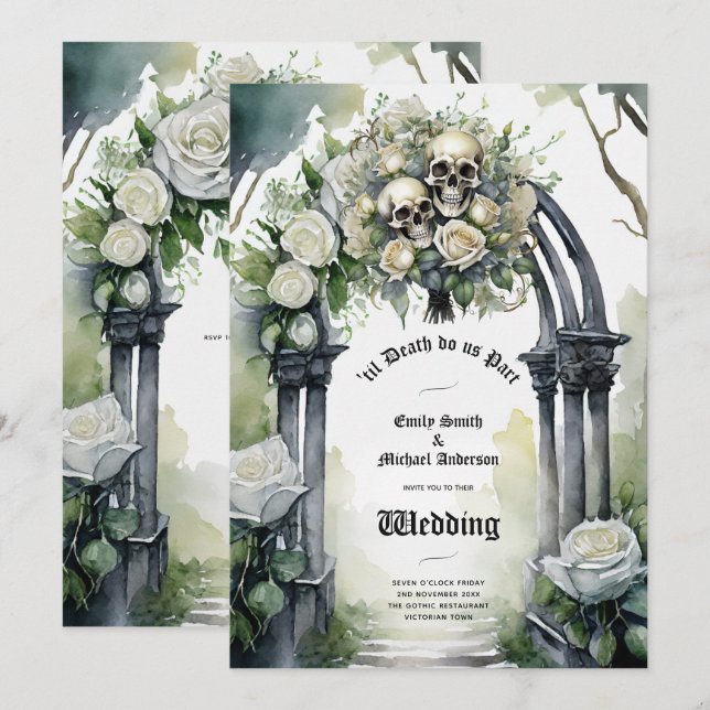 Invitación Boda gótico Roses blancos y negros Skulls Floral (Anverso / Reverso)