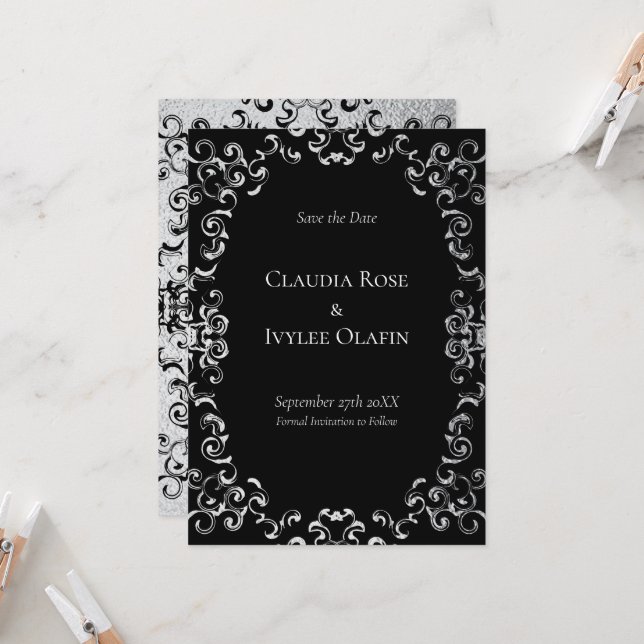 Invitación Boda gótico Silver y Black Swirl (Anverso/Reverso In Situ)
