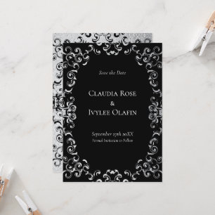 Invitación Boda gótico Silver y Black Swirl