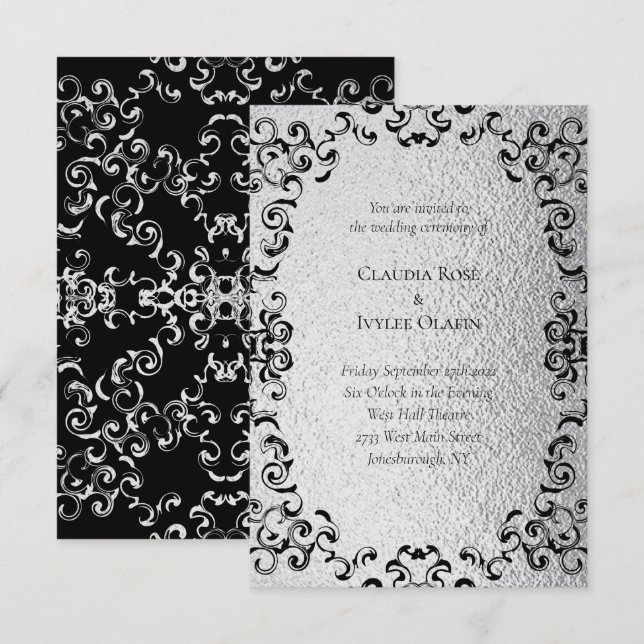 Invitación Boda gótico Silver y Black Swirl (Anverso / Reverso)