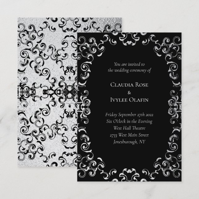 Invitación Boda gótico Silver y Black Swirl (Anverso / Reverso)