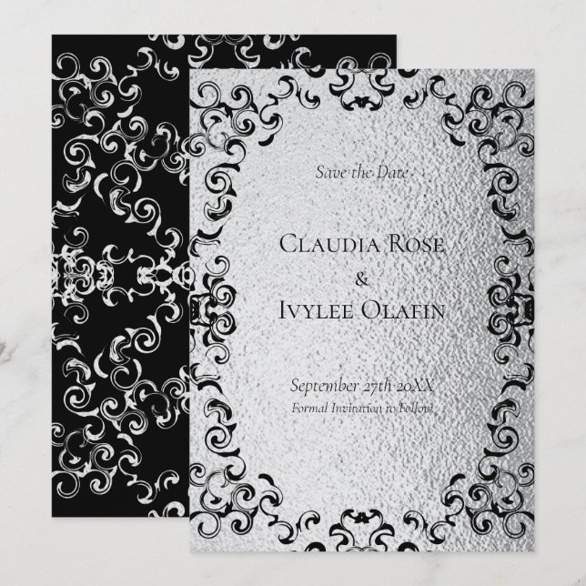 Invitación Boda gótico Silver y Black Swirl (Anverso / Reverso)