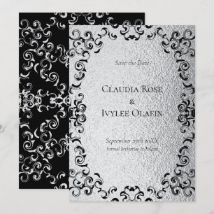 Invitación Boda gótico Silver y Black Swirl