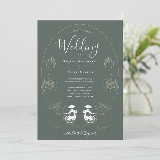 Invitación Boda gótico Skull floral verde (Anverso de pie)