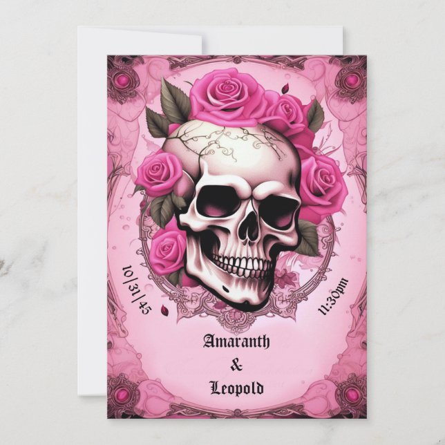 Invitación Boda Gótico Tradicional De Calavera Y Rosa Rosa Ro (Anverso)