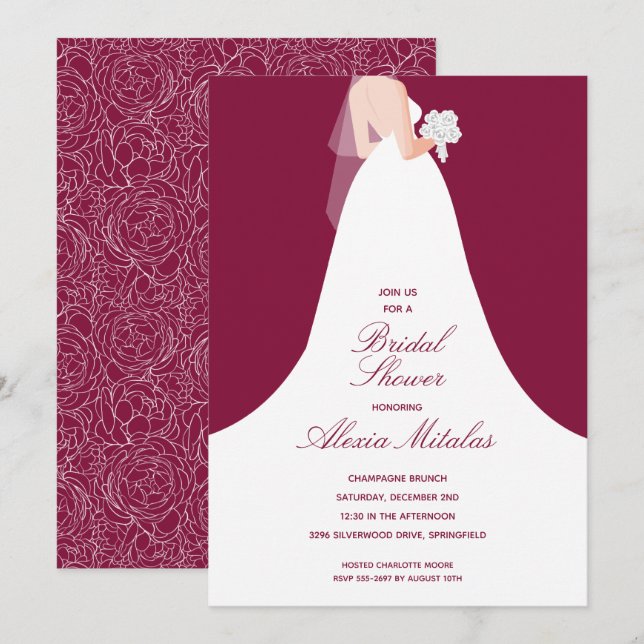 Invitación Boda Gown Bridal Shower Cranberry (Anverso / Reverso)