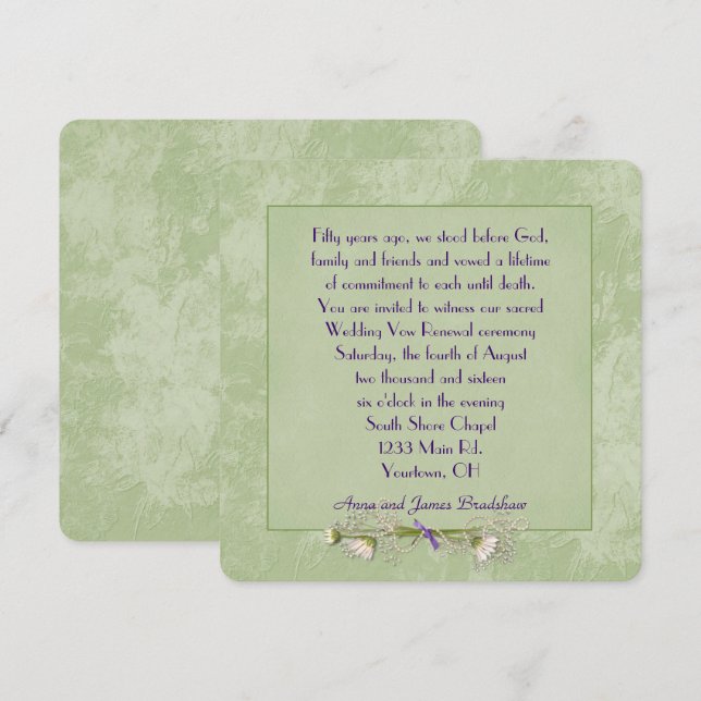 Invitación Boda Grabado en relieve de Floral Verde Vow Renova (Anverso / Reverso)