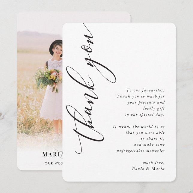Invitación BODA GRACIAS A USTED fotografía caligrafía lateral (Anverso / Reverso)