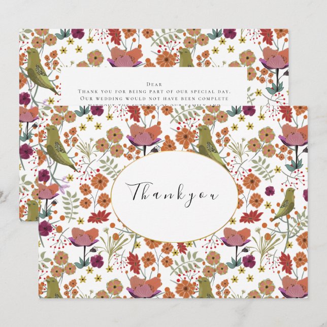 Invitación Boda gracias aves de cartas, flores verano (Anverso / Reverso)