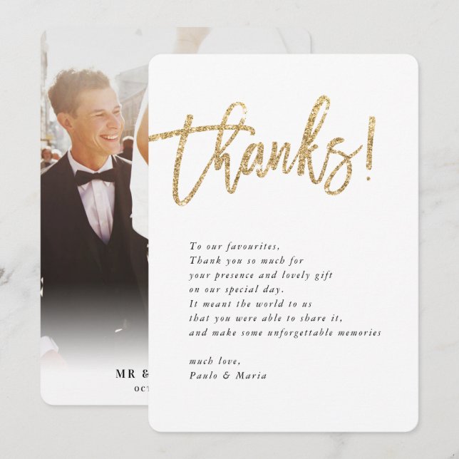 Invitación BODA GRACIAS foto purpurina oro mensaje moderno (Anverso / Reverso)