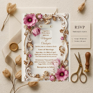 Invitación Boda Gran Lujo Rosa Tulipán Dorado Barroco