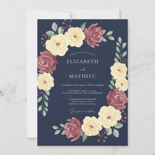 Invitación Boda Gran Rosa Azul Marino (Anverso)