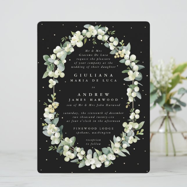 Invitación Boda grande formal de snowberry negro y eucalipto (Anverso de pie)