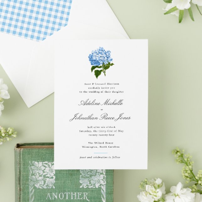 Invitación Boda Grandmillennial de Hortensia Azul (An elegant and formal wedding invitation with an antique blue hydrangea illustration.)