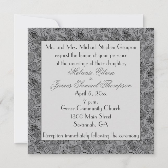 Invitación Boda Gray and Black Paisley (Anverso)