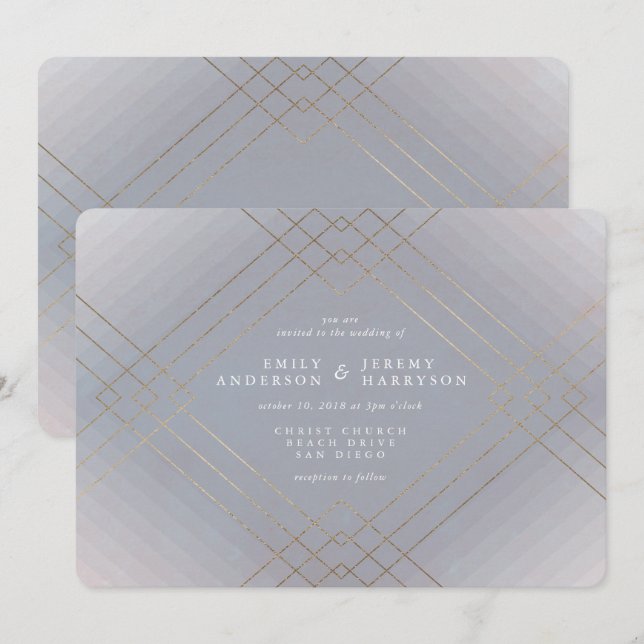 Invitación Boda Gray Diamond Gatsby de Elegancia Dorada (Anverso / Reverso)