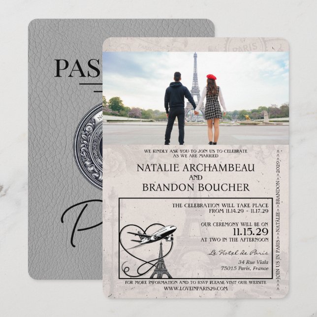 Invitación Boda Gray Paris Passport (Anverso / Reverso)