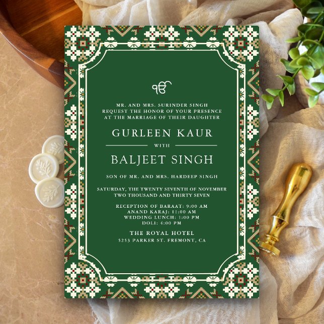 Invitación Boda Green Beige Ikat Anand Karaj Sikh (Subido por el creador)