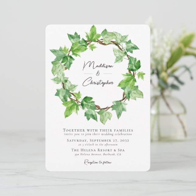 Invitación Boda Green Ivy Wreath (Anverso de pie)
