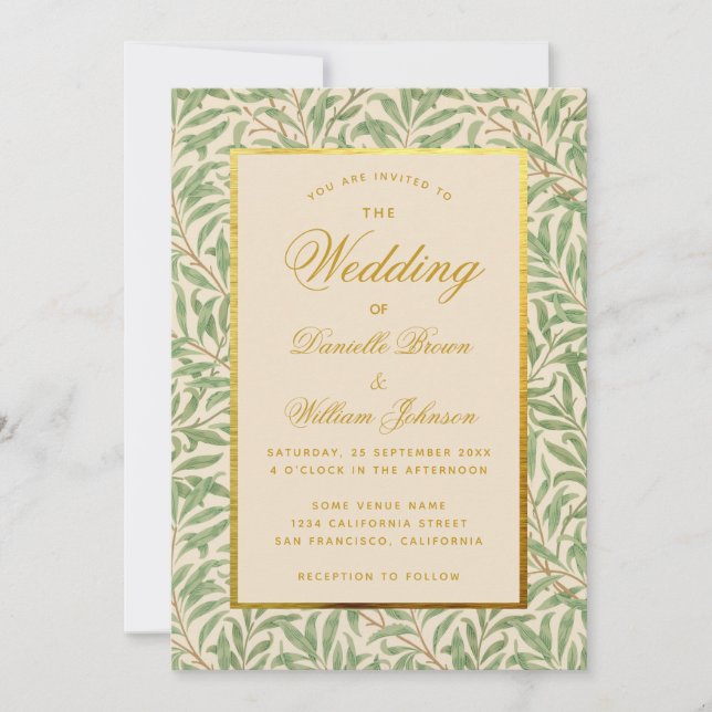 Invitación Boda Green Leaves Faux Gold Morris Willow (Anverso)
