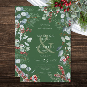 Invitación Boda Green Winter Pine Berries Eucalyptus