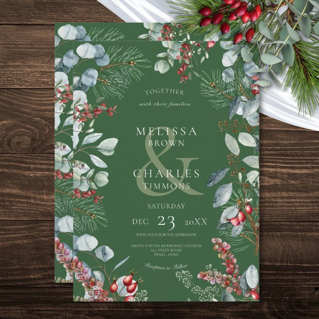 Invitación Boda Green Winter Pine Berries Eucalyptus (Green Winter Pine Berries Eucalyptus Wedding Invitation)