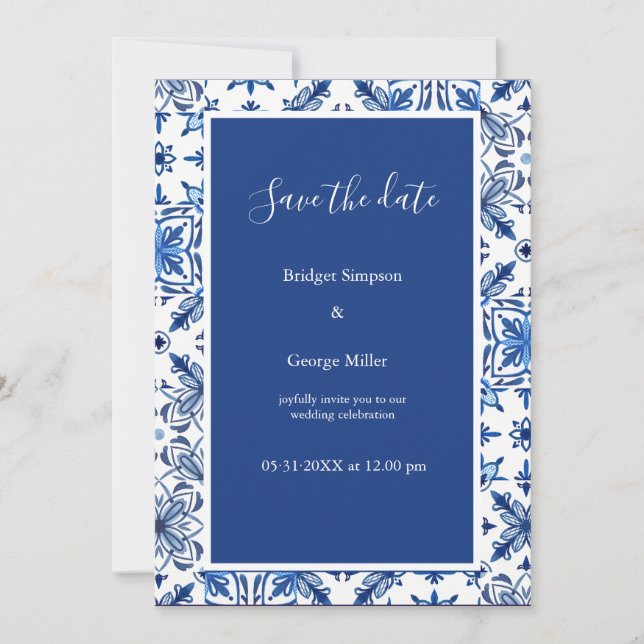 Invitación Boda griega elegante azul y blanca salva la fecha (Anverso)