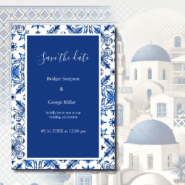 Invitación Boda griega elegante azul y blanca salva la fecha