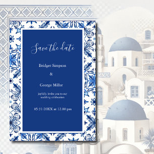 Invitación Boda griega elegante azul y blanca salva la fecha